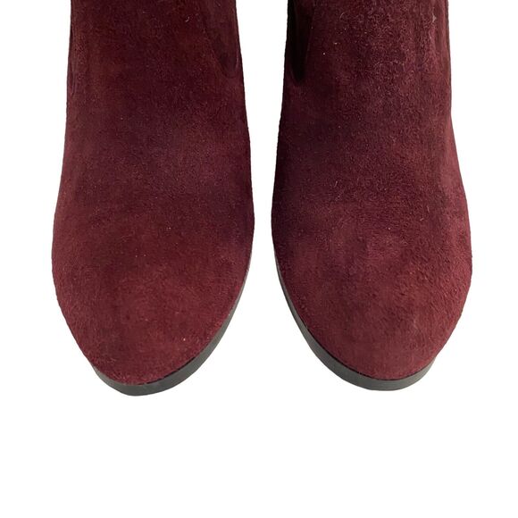 Stuart Weitzman Burgundy Suede Glove Tie Back Round Toe Heeled Ankle Bootie 7.5 - Picture 9 of 12